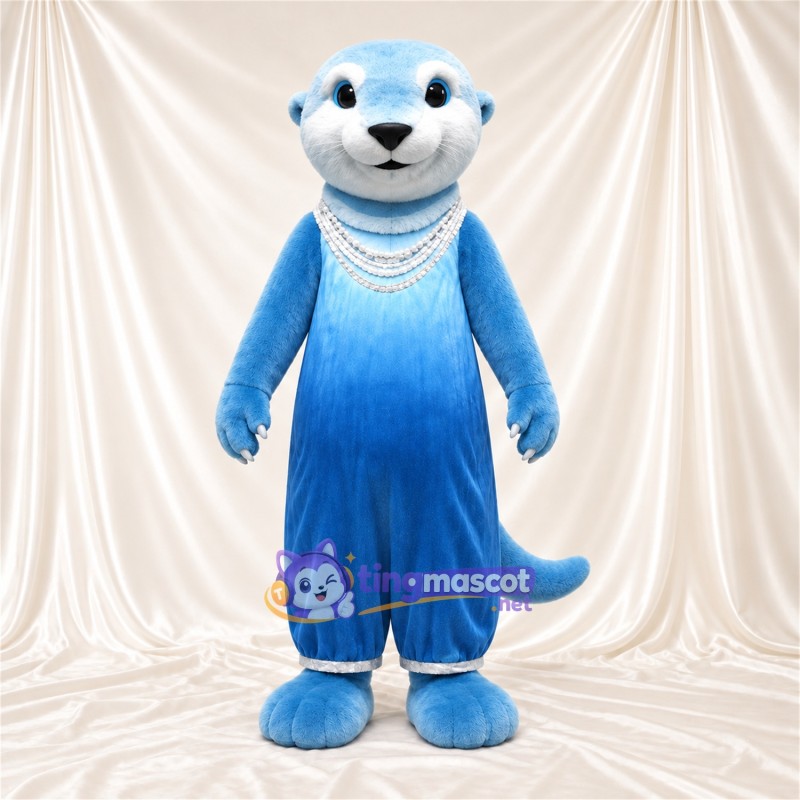 Blue Otter Mascot Costume - Pearl-Style Necklaces and Blue Jumpsuit Blue Otter Mascot Costume - Pearl-Style Necklaces and Blue Jumpsuit