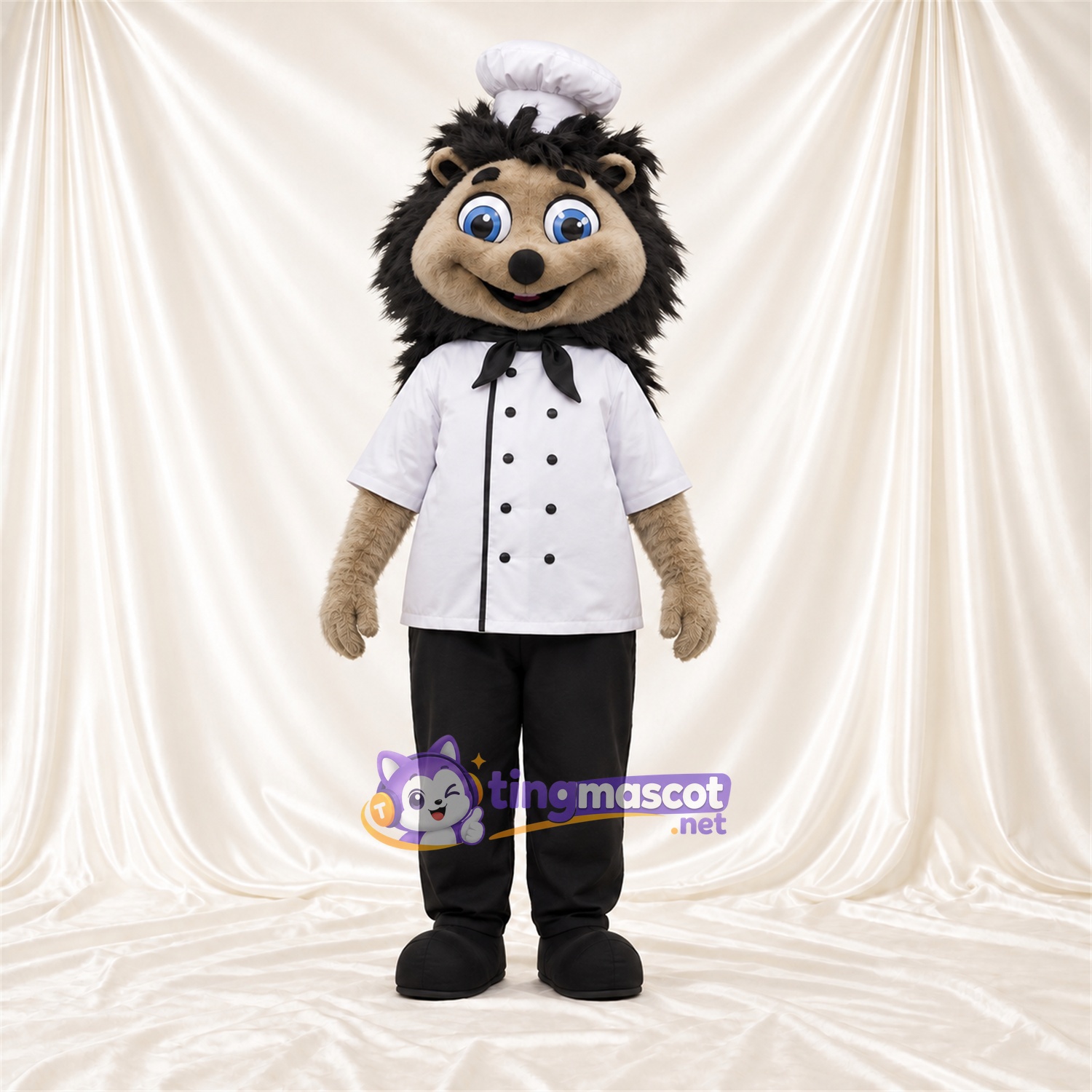 Black and Cream Hedgehog Mascot Costume - White Chef Jacket, Chef Hat and Black Pants Black and Cream Hedgehog Mascot Costume - White Chef Jacket, Chef Hat and Black Pants