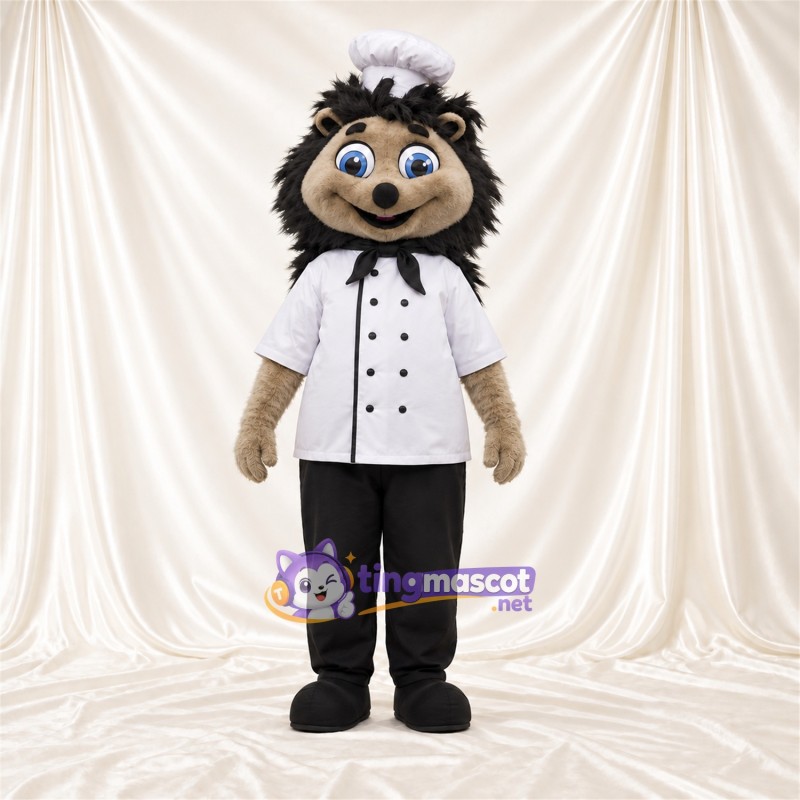 Black and Cream Hedgehog Mascot Costume - White Chef Jacket, Chef Hat and Black Pants Black and Cream Hedgehog Mascot Costume - White Chef Jacket, Chef Hat and Black Pants