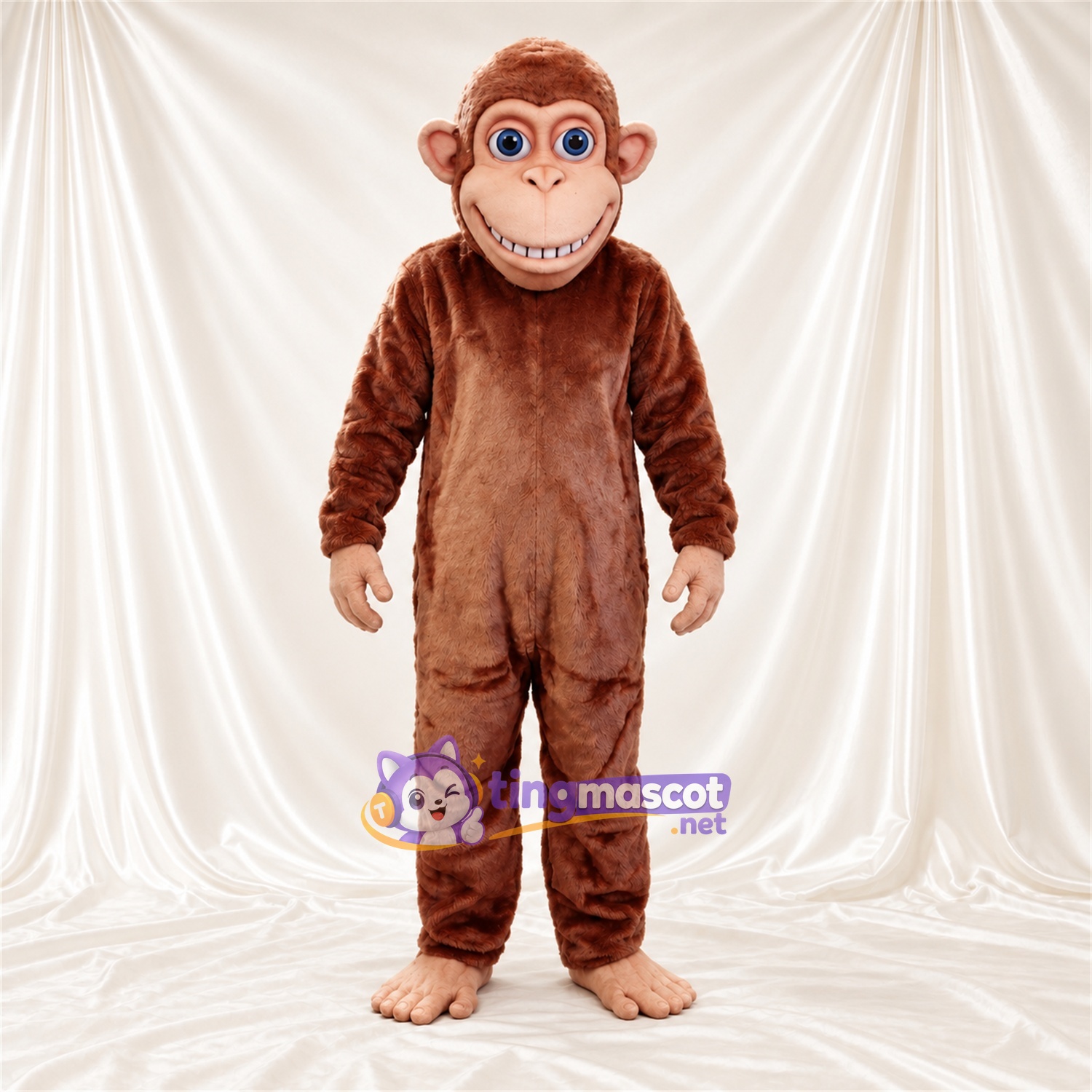 Maskottchenkostüm Affe – braun – Augen (blau); Breites Zahngrinsen Maskottchenkostüm Affe – braun – Augen (blau); Breites Zahngrinsen