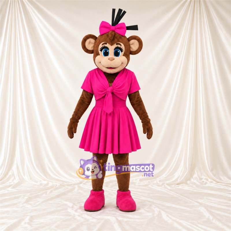 Maskottchenkostüm Affe – braun – Kleid (rosa); Schleife Maskottchenkostüm Affe – braun – Kleid (rosa); Schleife