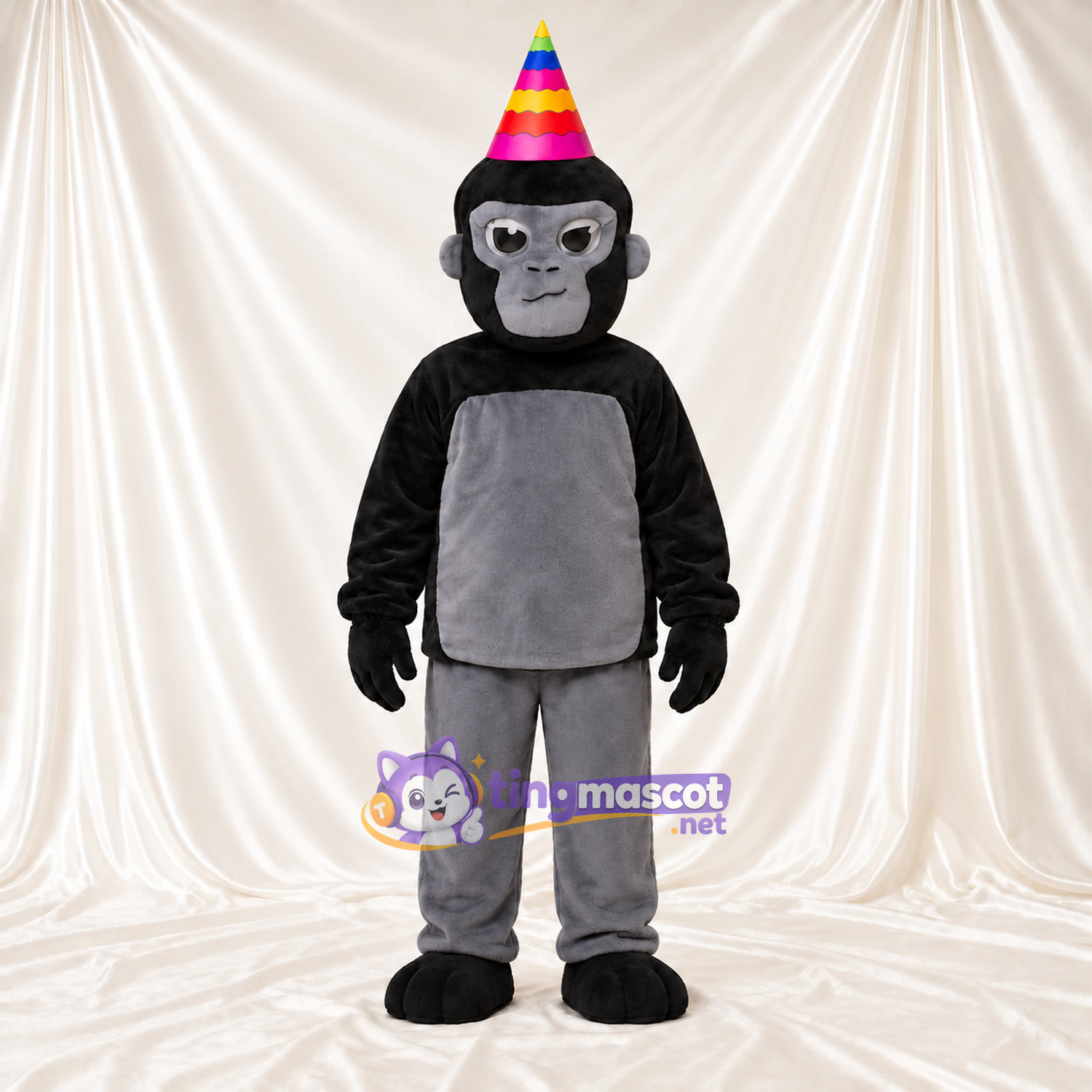 Black and Gray Monkey Mascot Costume - Rainbow Party Hat Black and Gray Monkey Mascot Costume - Rainbow Party Hat