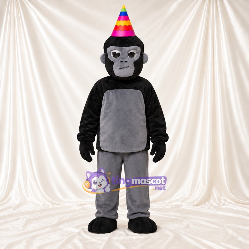 Black and Gray Monkey Mascot Costume - Rainbow Party Hat Black and Gray Monkey Mascot Costume - Rainbow Party Hat