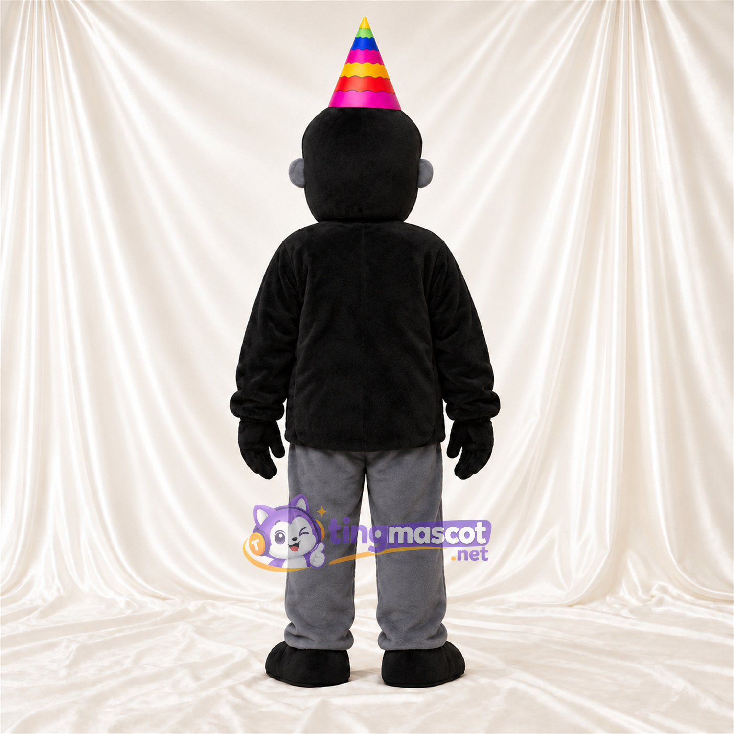 Black and Gray Monkey Mascot Costume - Rainbow Party Hat Black and Gray Monkey Mascot Costume - Rainbow Party Hat