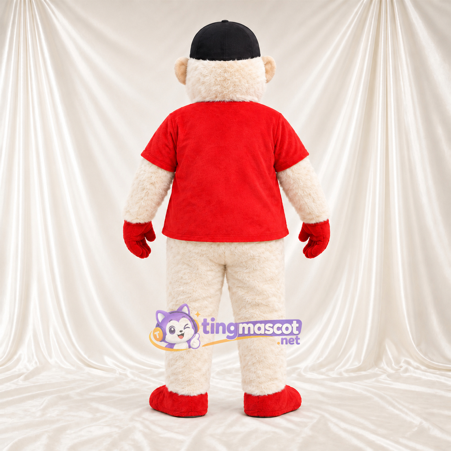 Maskottchenkostüm Affe – creme – Hemd (rot); Handschuhe (rot) Maskottchenkostüm Affe – creme – Hemd (rot); Handschuhe (rot)
