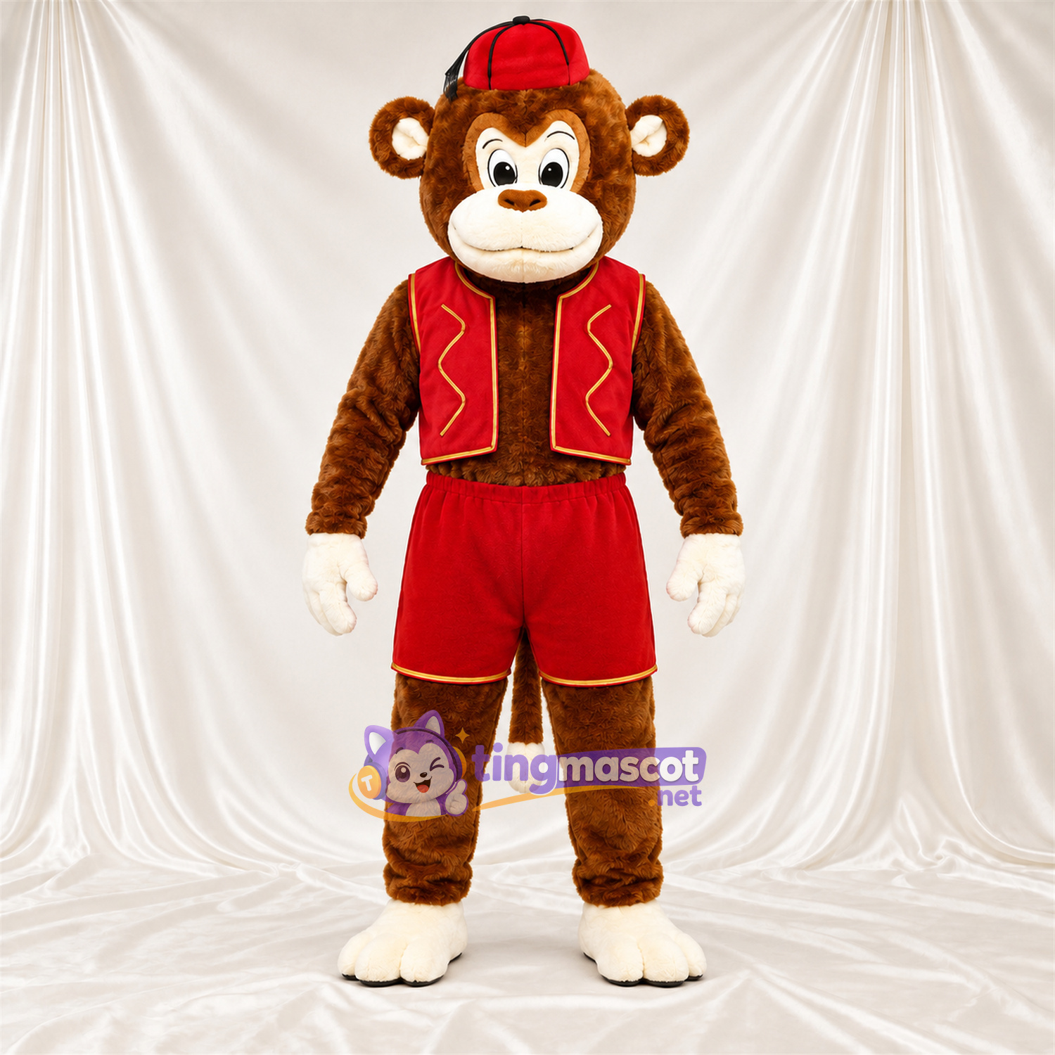 Maskottchenkostüm Affe – braun – Weste (rot); Shorts (rot) Maskottchenkostüm Affe – braun – Weste (rot); Shorts (rot)
