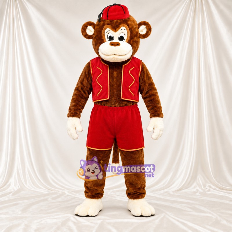 Maskottchenkostüm Affe – braun – Weste (rot); Shorts (rot) Maskottchenkostüm Affe – braun – Weste (rot); Shorts (rot)