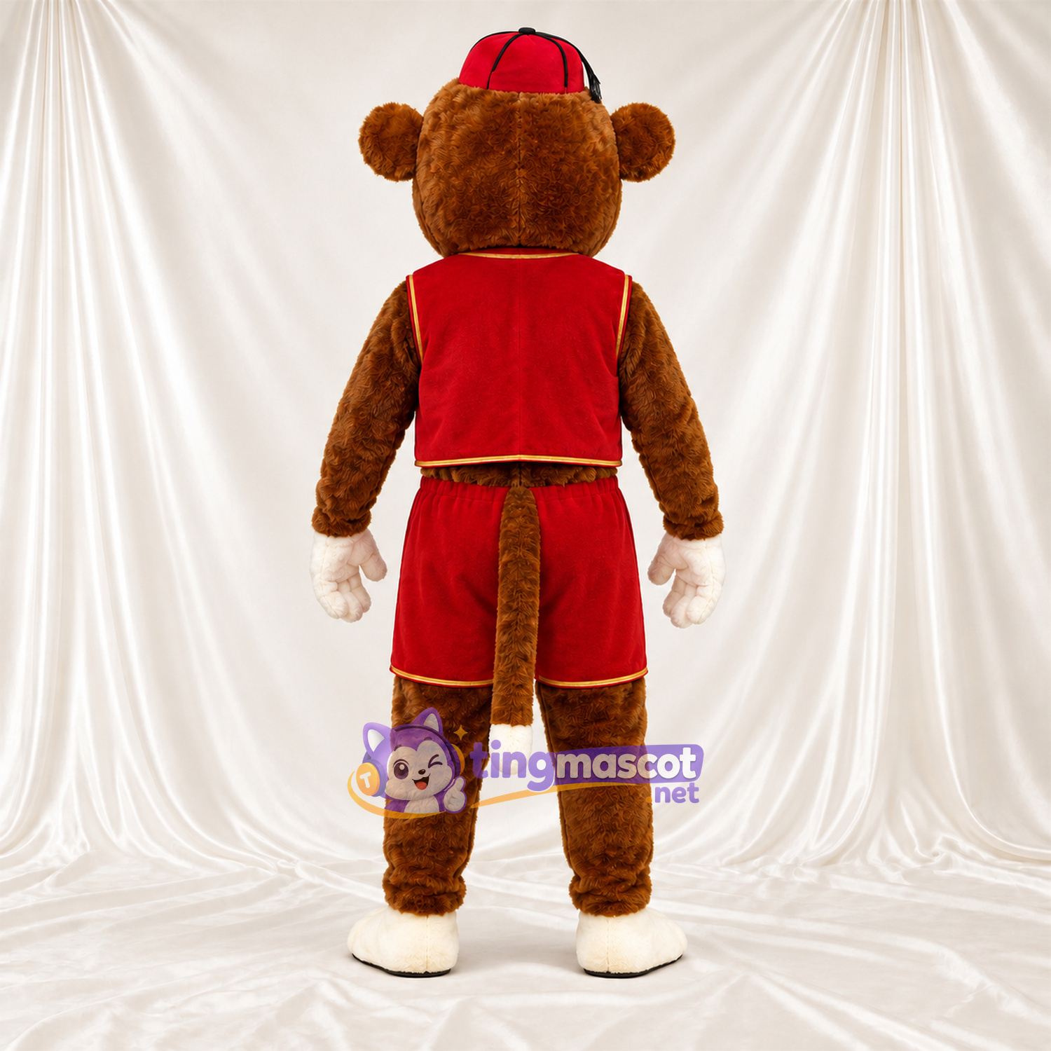 Maskottchenkostüm Affe – braun – Weste (rot); Shorts (rot) Maskottchenkostüm Affe – braun – Weste (rot); Shorts (rot)