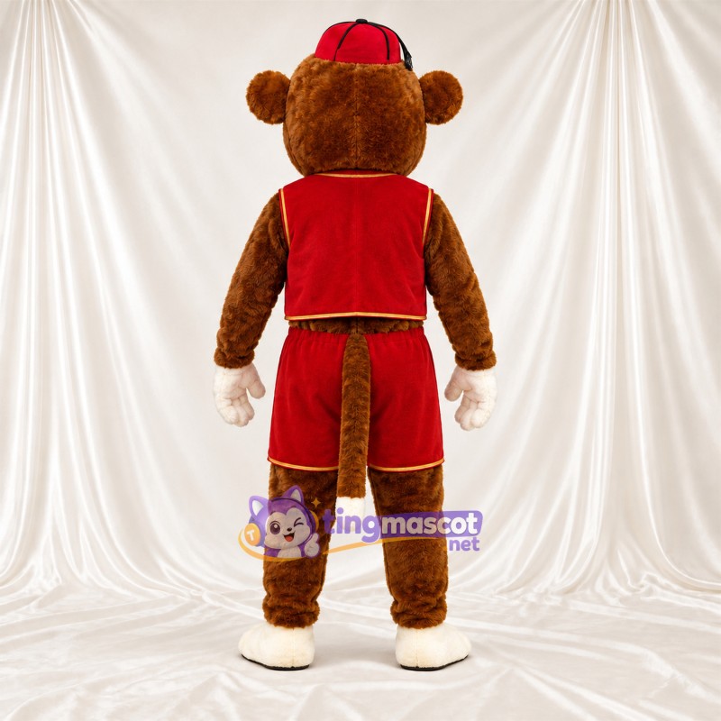 Maskottchenkostüm Affe – braun – Weste (rot); Shorts (rot) Maskottchenkostüm Affe – braun – Weste (rot); Shorts (rot)