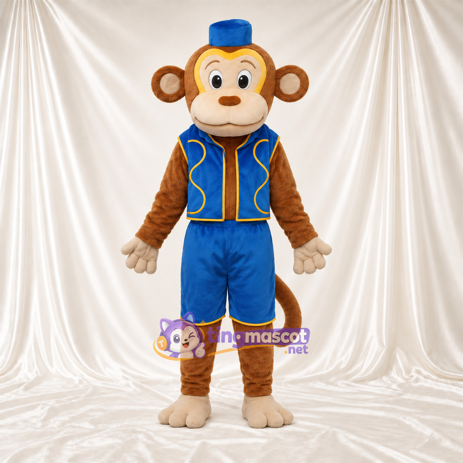 Maskottchenkostüm Affe – braun – Weste (blau); Shorts (blau) Maskottchenkostüm Affe – braun – Weste (blau); Shorts (blau)