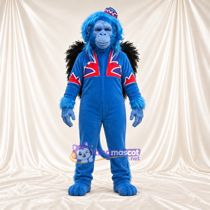 Maskottchenkostüm Affe – blau – Jacke (rot / blau); Fell (schwarz) Maskottchenkostüm Affe – blau – Jacke (rot / blau); Fell (schwarz)