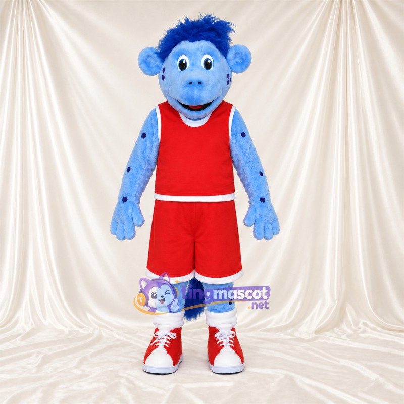 Maskottchenkostüm Affe – blau – Basketballtrikot (rot) Maskottchenkostüm Affe – blau – Basketballtrikot (rot)