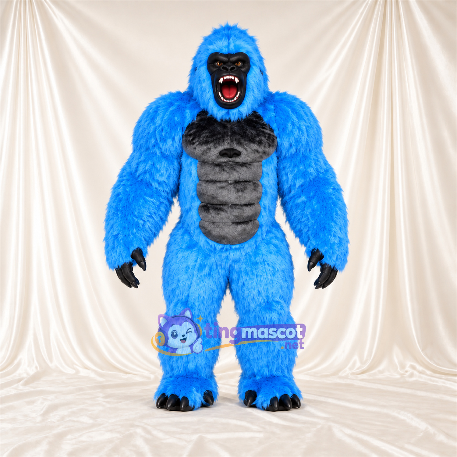Costume de mascotte Gorille – bleu – Torse musclé (gris); Bouche ouverte Costume de mascotte Gorille – bleu – Torse musclé (gris); Bouche ouverte