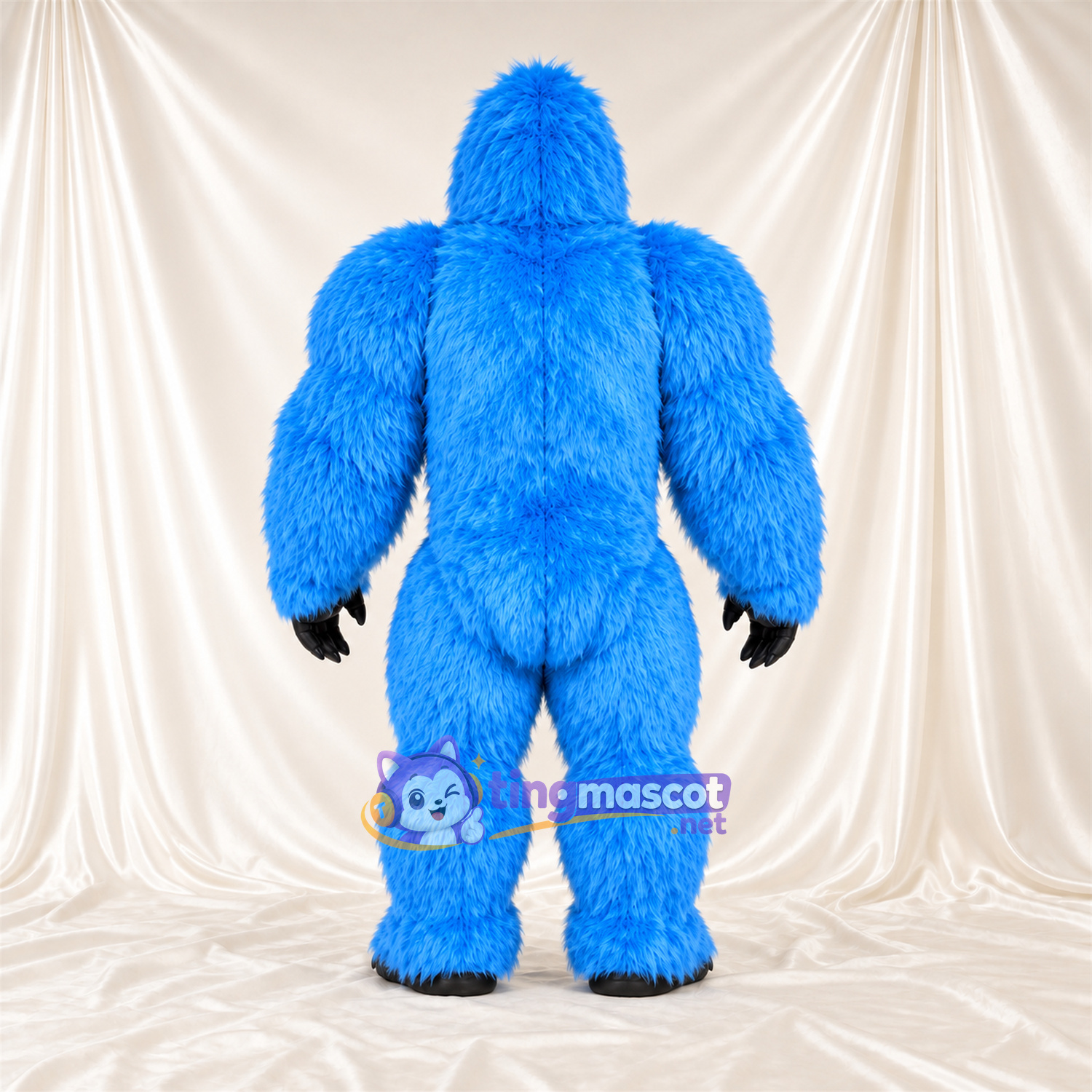 Costume de mascotte Gorille – bleu – Torse musclé (gris); Bouche ouverte Costume de mascotte Gorille – bleu – Torse musclé (gris); Bouche ouverte