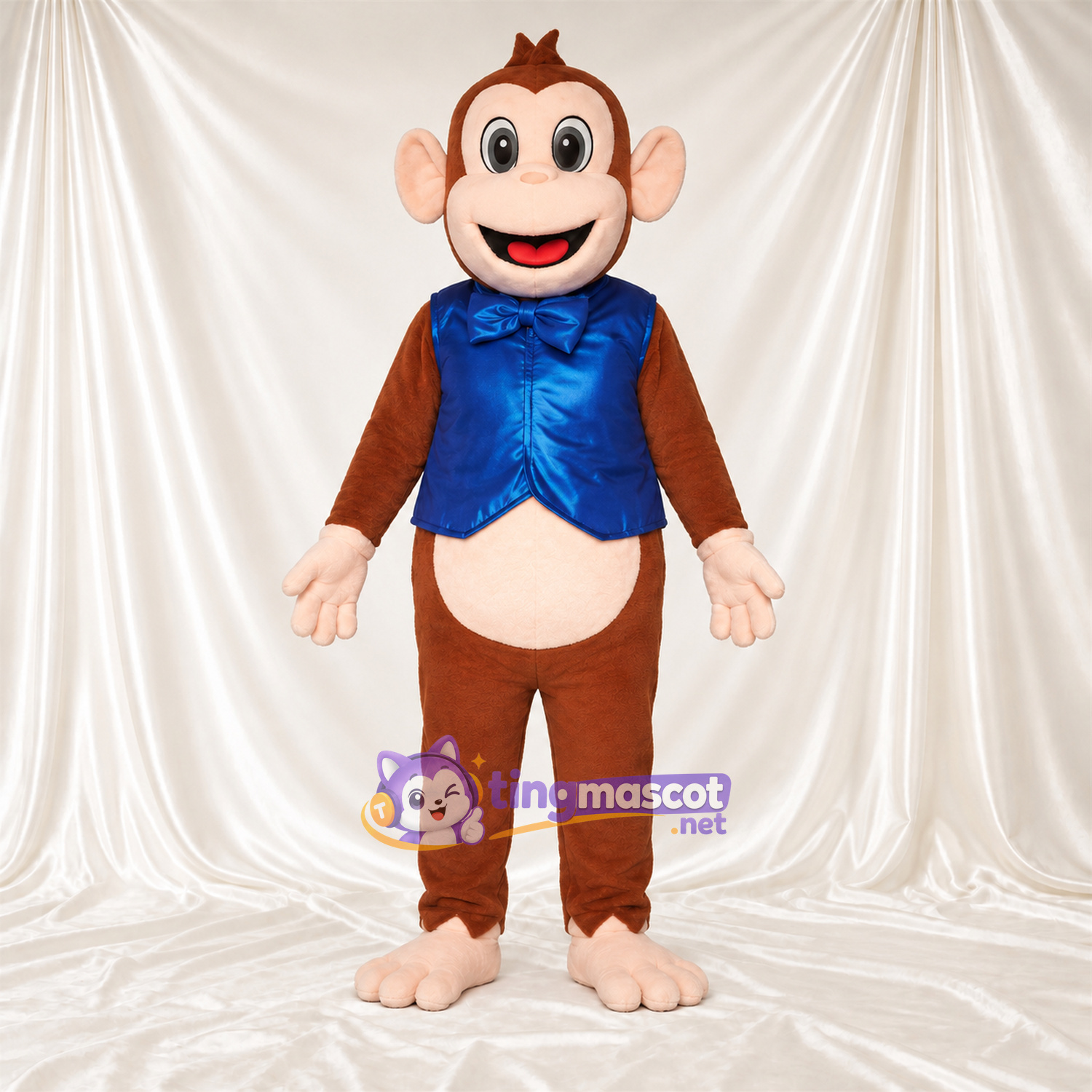 Maskottchenkostüm Affe – braun – Weste (blau); Fliege Maskottchenkostüm Affe – braun – Weste (blau); Fliege