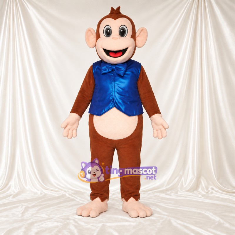 Maskottchenkostüm Affe – braun – Weste (blau); Fliege Maskottchenkostüm Affe – braun – Weste (blau); Fliege