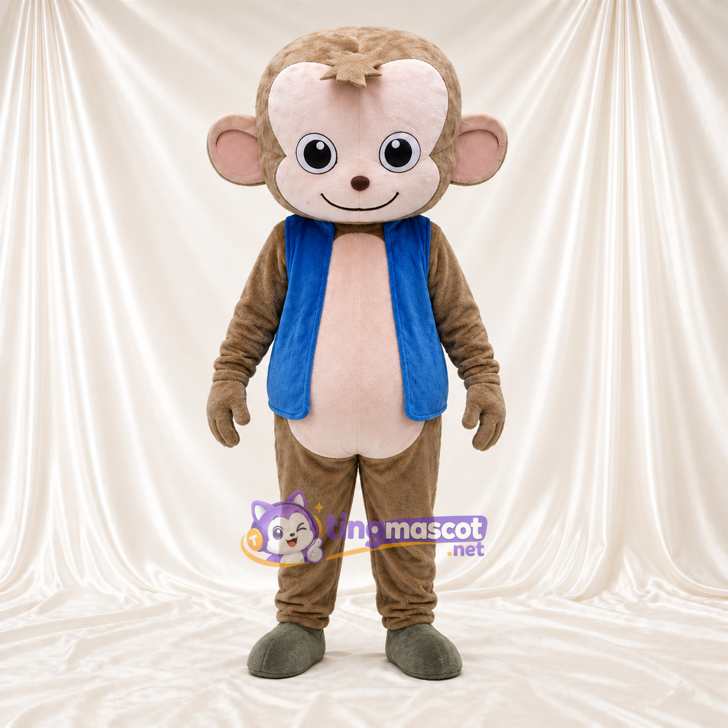 Maskottchenkostüm Affe – braun – Weste (blau); Bauch (rosa) Maskottchenkostüm Affe – braun – Weste (blau); Bauch (rosa)