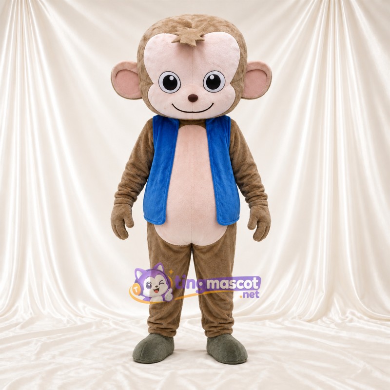 Maskottchenkostüm Affe – braun – Weste (blau); Bauch (rosa) Maskottchenkostüm Affe – braun – Weste (blau); Bauch (rosa)