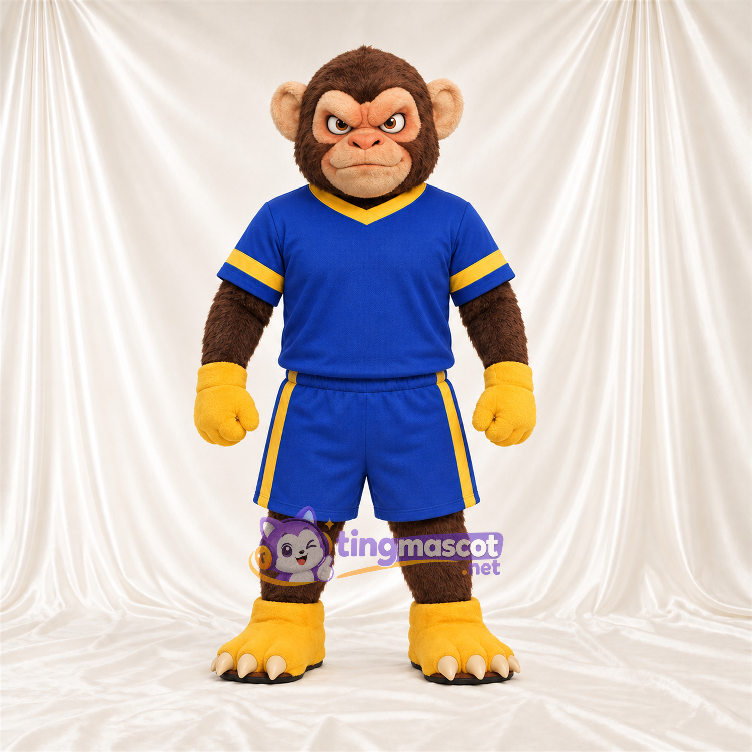 Maskottchenkostüm Affe – braun – Sporttrikot (blau / gelb) Maskottchenkostüm Affe – braun – Sporttrikot (blau / gelb)