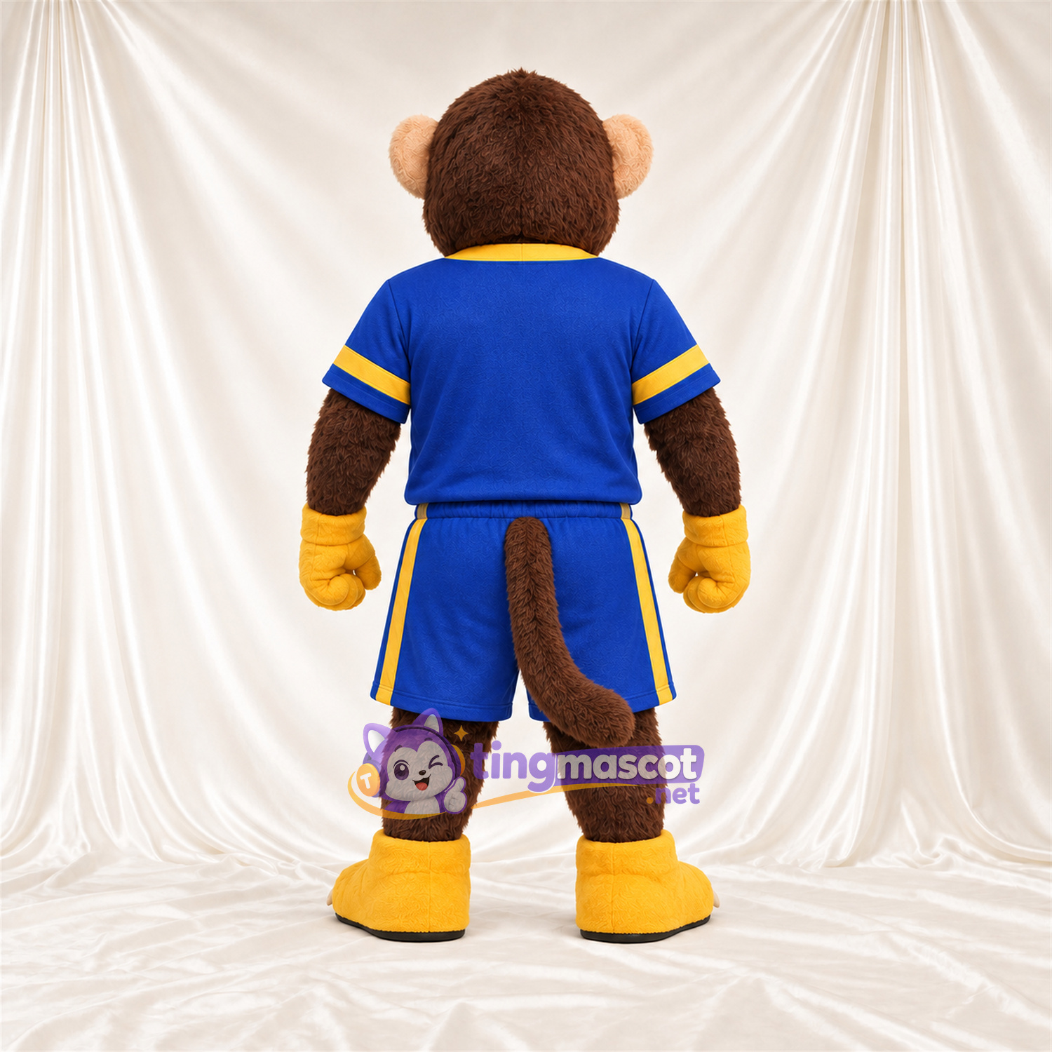 Maskottchenkostüm Affe – braun – Sporttrikot (blau / gelb) Maskottchenkostüm Affe – braun – Sporttrikot (blau / gelb)
