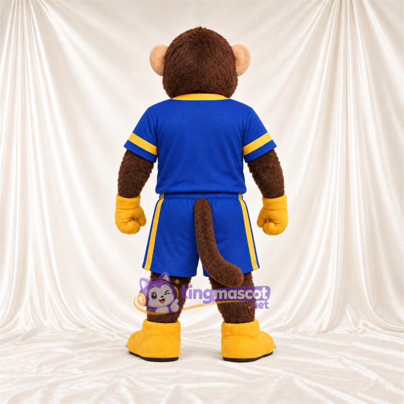 Maskottchenkostüm Affe – braun – Sporttrikot (blau / gelb) Maskottchenkostüm Affe – braun – Sporttrikot (blau / gelb)