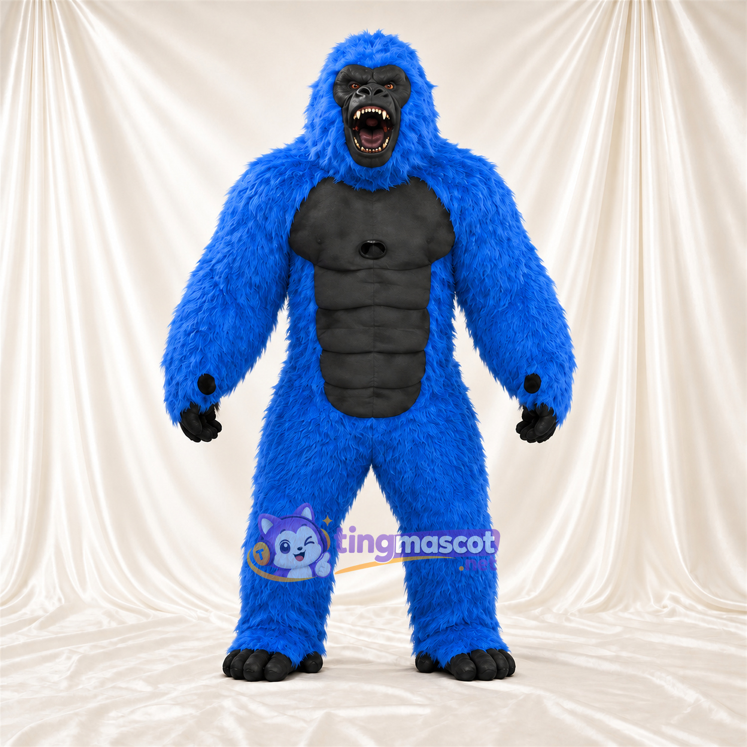Costume de mascotte Gorille – bleu – Torse musclé (noir); Sourire avec dents Costume de mascotte Gorille – bleu – Torse musclé (noir); Sourire avec dents