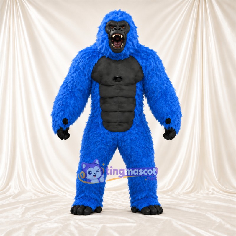 Costume de mascotte Gorille – bleu – Torse musclé (noir); Sourire avec dents Costume de mascotte Gorille – bleu – Torse musclé (noir); Sourire avec dents