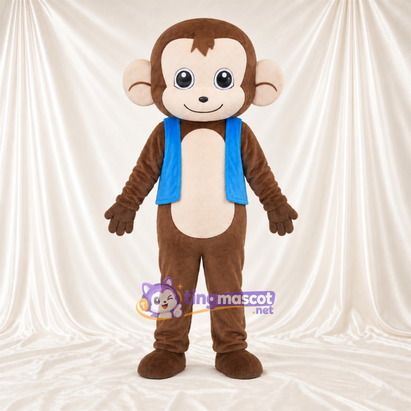 Maskottchenkostüm Affe – braun – Weste (blau); Bauch (creme) Maskottchenkostüm Affe – braun – Weste (blau); Bauch (creme)