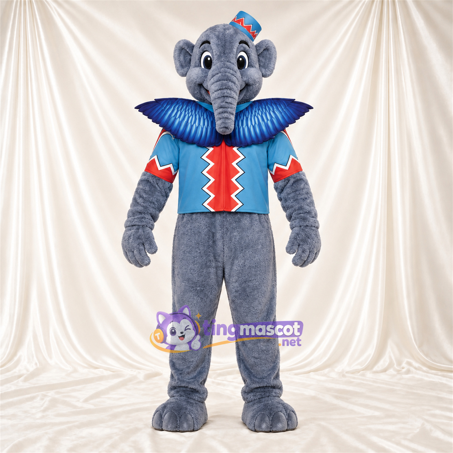 Maskottchenkostüm Elefant – grau – Oberteil (rot / blau); Kappe (blau) Maskottchenkostüm Elefant – grau – Oberteil (rot / blau); Kappe (blau)