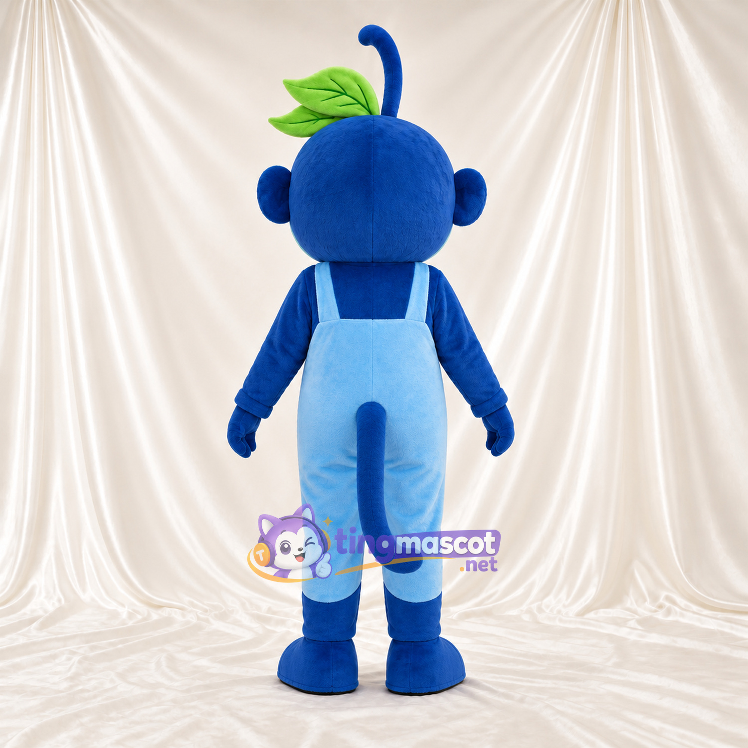 Maskottchenkostüm Affe – blau – Latzhose (hellblau); Breites Zahngrinsen Maskottchenkostüm Affe – blau – Latzhose (hellblau); Breites Zahngrinsen