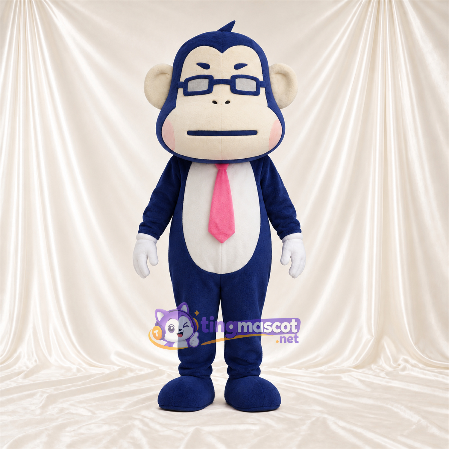 Costume de mascotte Singe – bleu marine – Cravate (rose); Lunettes Costume de mascotte Singe – bleu marine – Cravate (rose); Lunettes