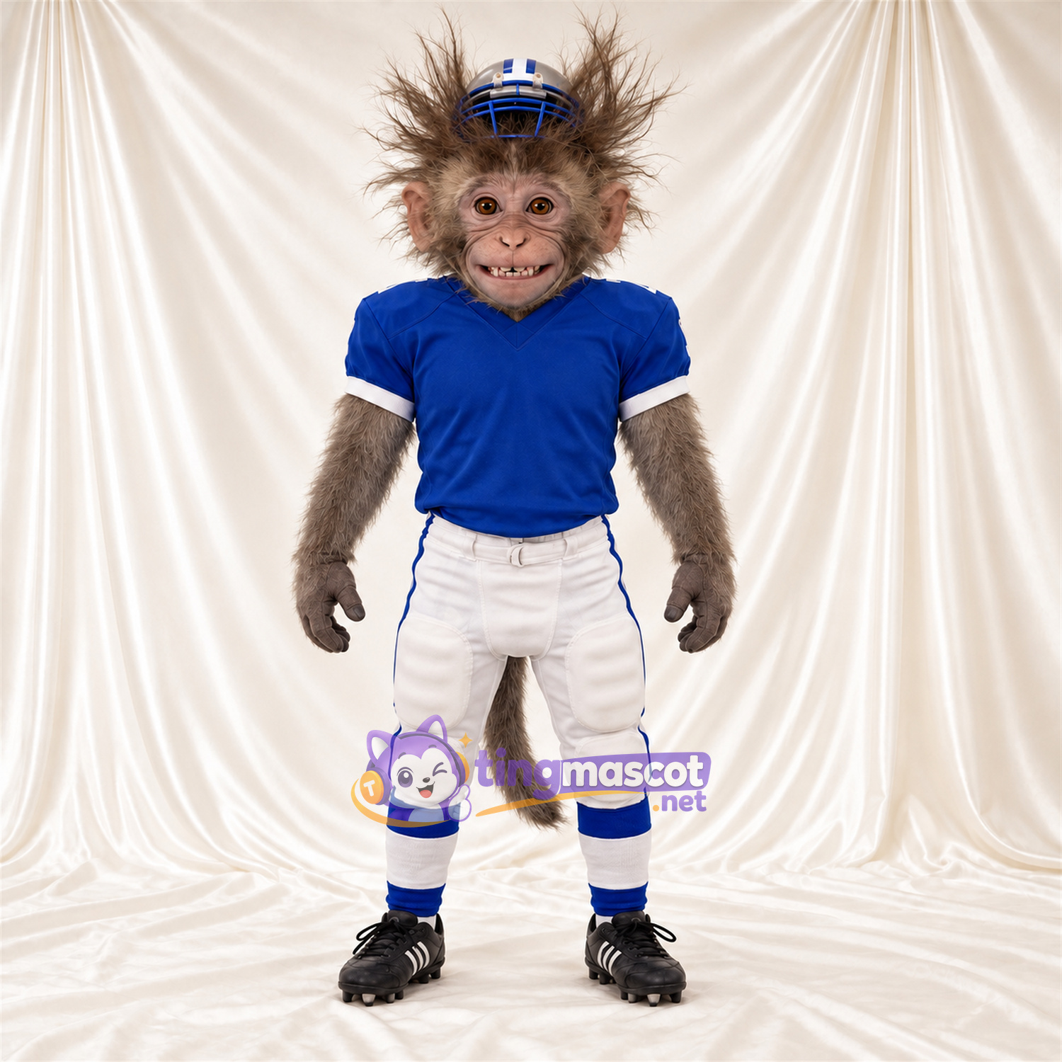 Maskottchenkostüm Affe – braun – Footballtrikot (blau / weiß) Maskottchenkostüm Affe – braun – Footballtrikot (blau / weiß)