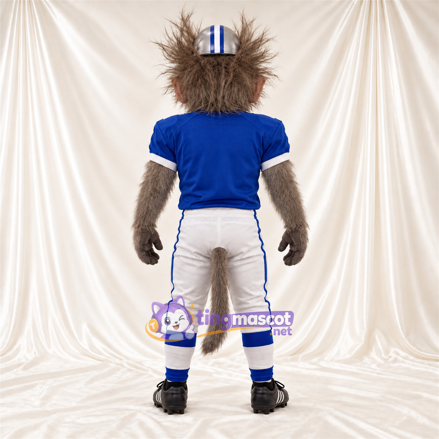 Maskottchenkostüm Affe – braun – Footballtrikot (blau / weiß) Maskottchenkostüm Affe – braun – Footballtrikot (blau / weiß)