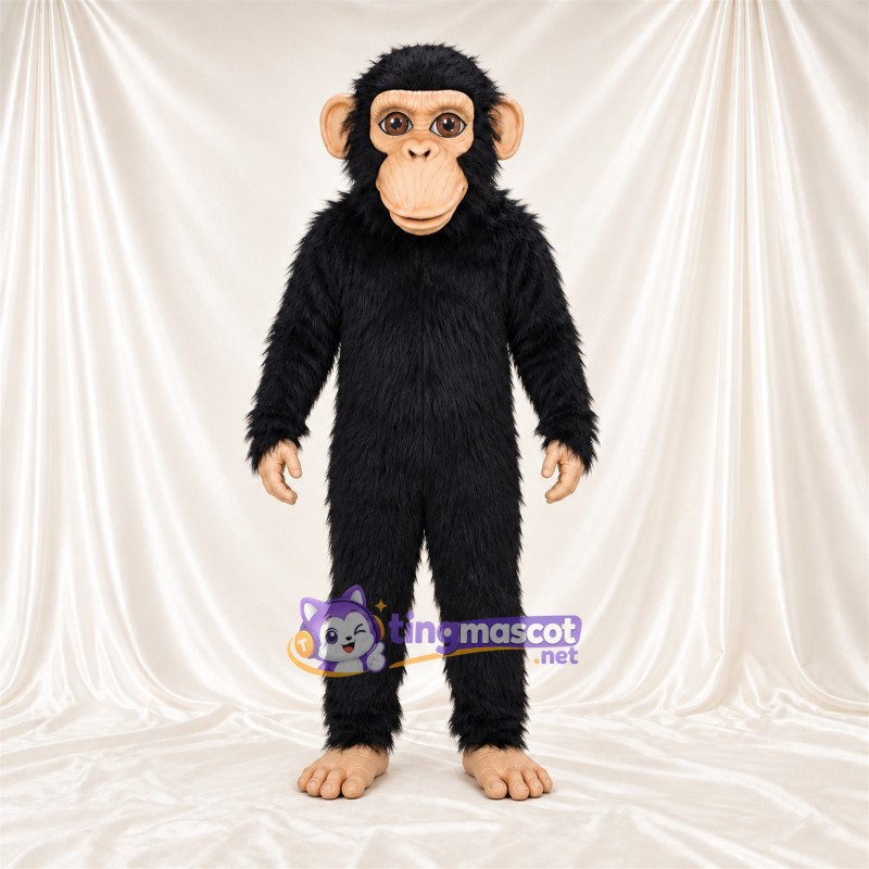 Black Monkey Mascot Costume - Tan Face and Shaggy Fur Black Monkey Mascot Costume - Tan Face and Shaggy Fur