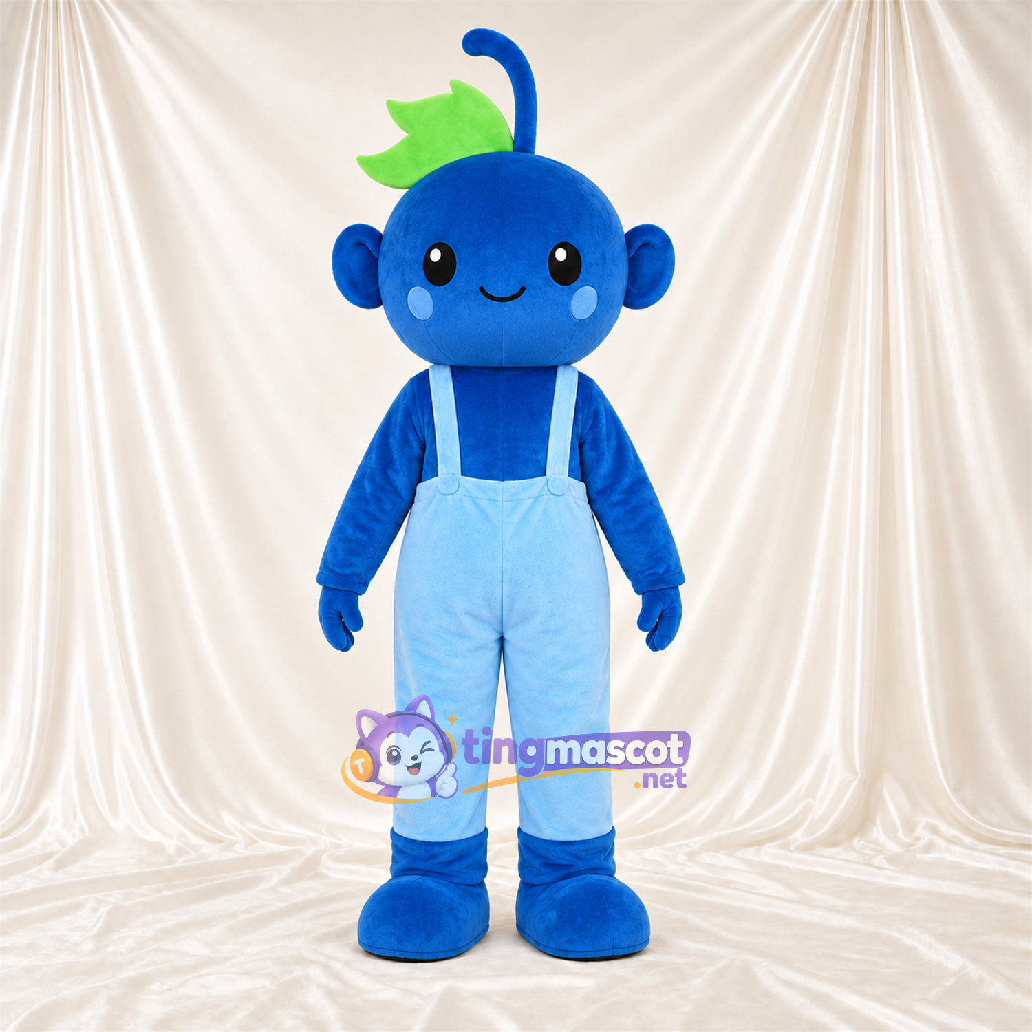 Costume de mascotte Singe – bleu – Salopette (bleu clair); Feuilles au sommet (vert) Costume de mascotte Singe – bleu – Salopette (bleu clair); Feuilles au sommet (vert)