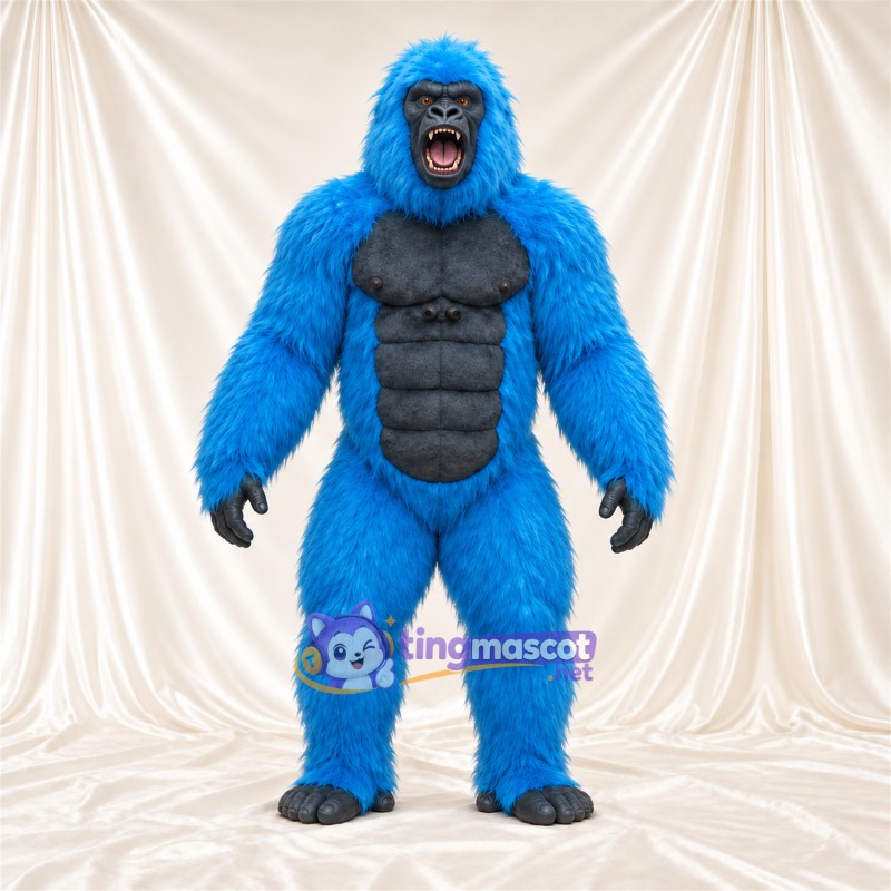 Costume de mascotte Gorille – bleu – Torse musclé (noir); Bouche ouverte Costume de mascotte Gorille – bleu – Torse musclé (noir); Bouche ouverte