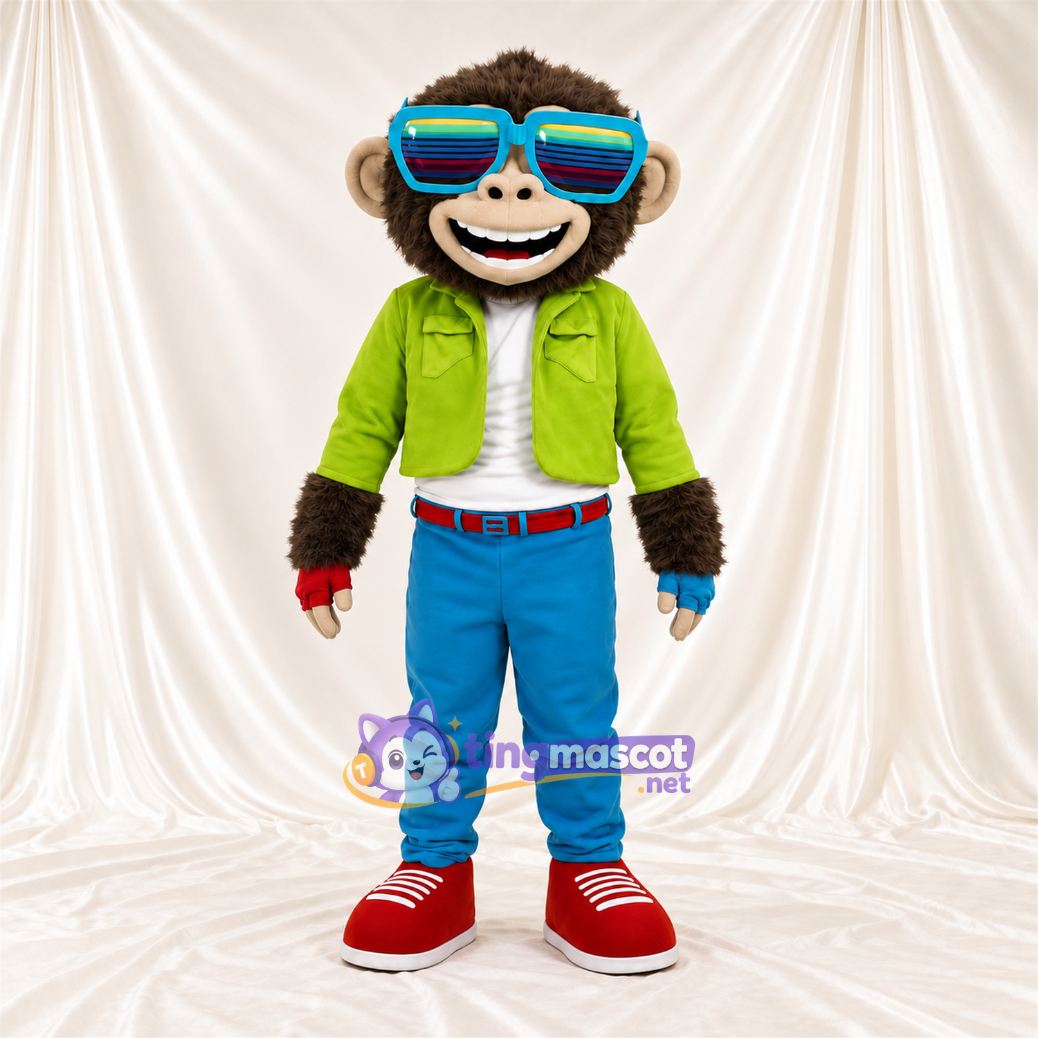 Maskottchenkostüm Affe – braun – Jacke (grün); Hose (blau) Maskottchenkostüm Affe – braun – Jacke (grün); Hose (blau)