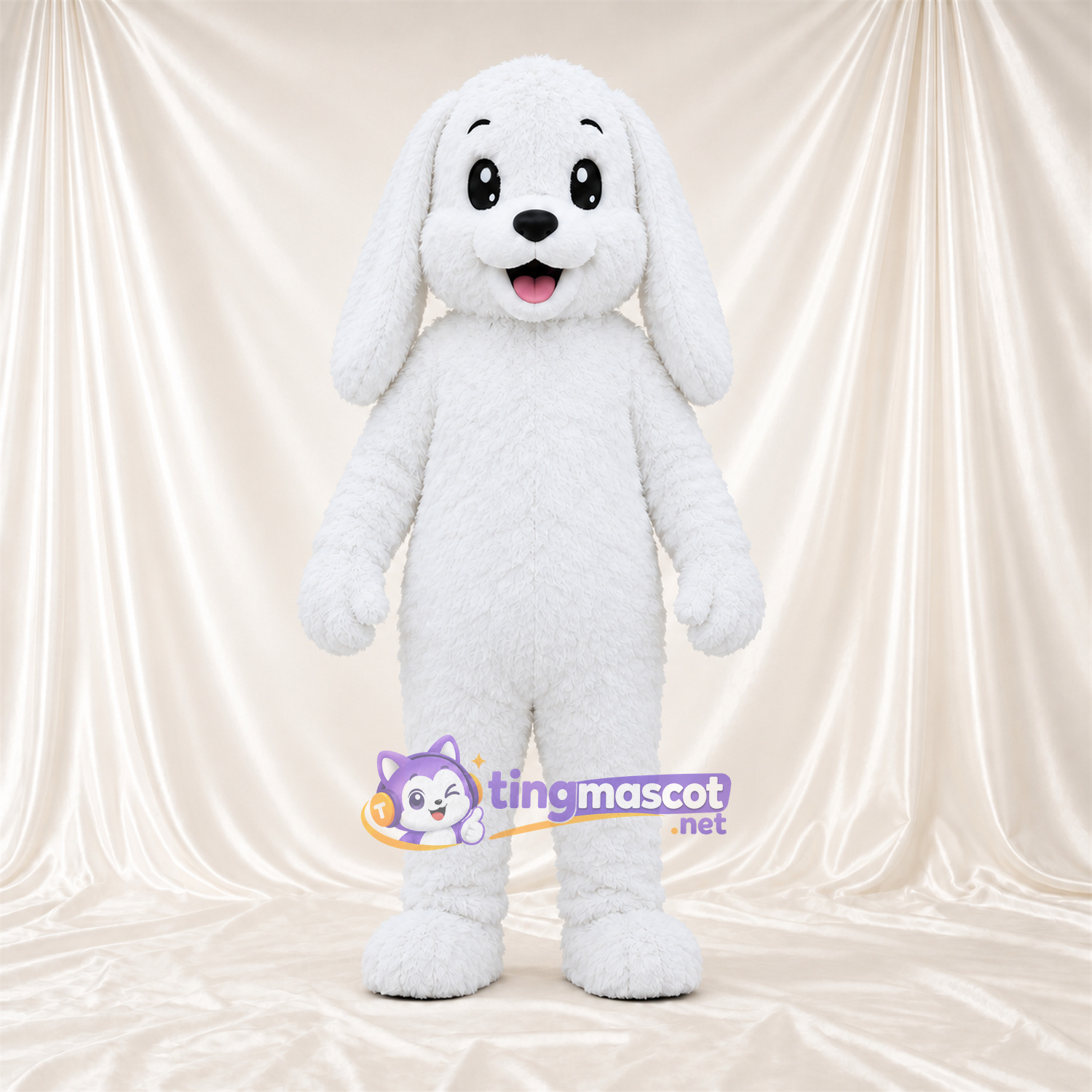 Costume de mascotte Chien – blanc – Longues oreilles; Langue (rose) Costume de mascotte Chien – blanc – Longues oreilles; Langue (rose)