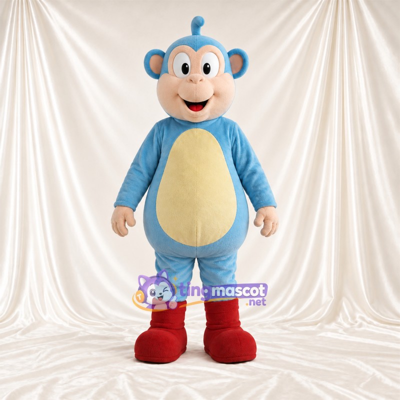 Maskottchenkostüm Affe – blau – Bauch (creme); Stiefel (rot) Maskottchenkostüm Affe – blau – Bauch (creme); Stiefel (rot)