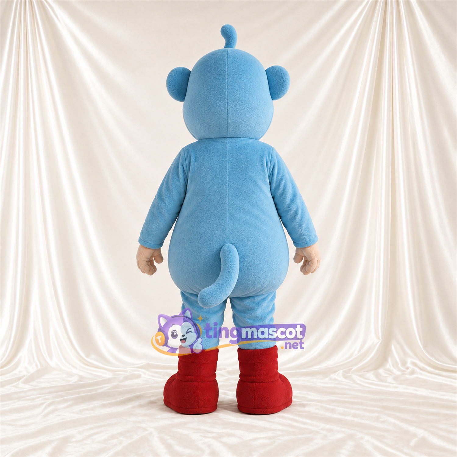 Maskottchenkostüm Affe – blau – Bauch (creme); Stiefel (rot) Maskottchenkostüm Affe – blau – Bauch (creme); Stiefel (rot)
