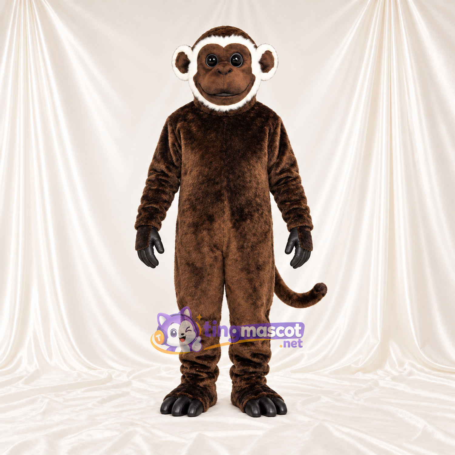Maskottchenkostüm Affe – braun – Handschuhe (schwarz); Gesicht (weiß) Maskottchenkostüm Affe – braun – Handschuhe (schwarz); Gesicht (weiß)