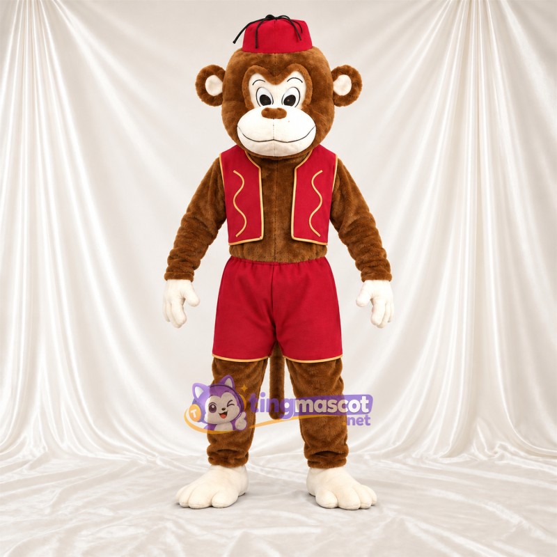 Maskottchenkostüm Affe – braun – Weste (rot); Shorts (rot) Maskottchenkostüm Affe – braun – Weste (rot); Shorts (rot)