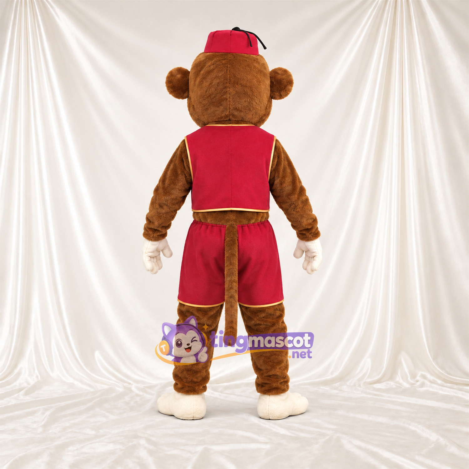 Maskottchenkostüm Affe – braun – Weste (rot); Shorts (rot) Maskottchenkostüm Affe – braun – Weste (rot); Shorts (rot)