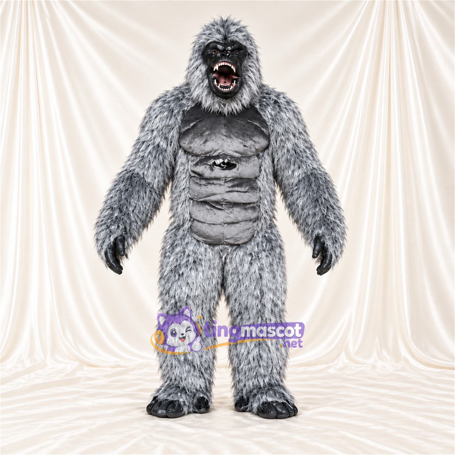 Maskottchenkostüm Gorilla – grau – Muskelbrust (grau); Zottelfell Maskottchenkostüm Gorilla – grau – Muskelbrust (grau); Zottelfell