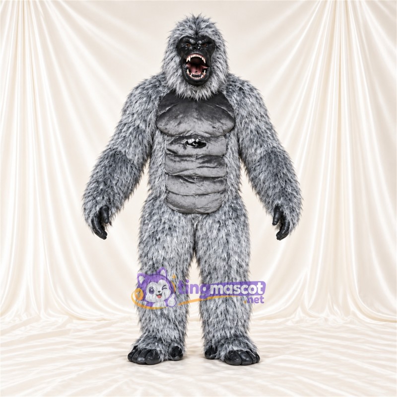 Maskottchenkostüm Gorilla – grau – Muskelbrust (grau); Zottelfell Maskottchenkostüm Gorilla – grau – Muskelbrust (grau); Zottelfell