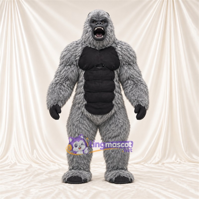 Maskottchenkostüm Gorilla – grau – Muskelbrust (schwarz); Zottelfell Maskottchenkostüm Gorilla – grau – Muskelbrust (schwarz); Zottelfell