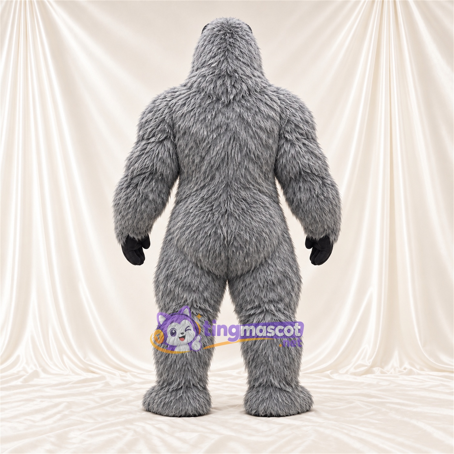 Maskottchenkostüm Gorilla – grau – Muskelbrust (schwarz); Zottelfell Maskottchenkostüm Gorilla – grau – Muskelbrust (schwarz); Zottelfell