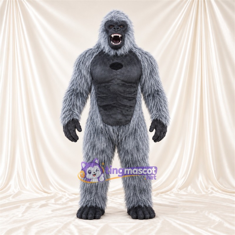 Maskottchenkostüm Gorilla – grau – Muskelbrust (schwarz); Offener Mund Maskottchenkostüm Gorilla – grau – Muskelbrust (schwarz); Offener Mund