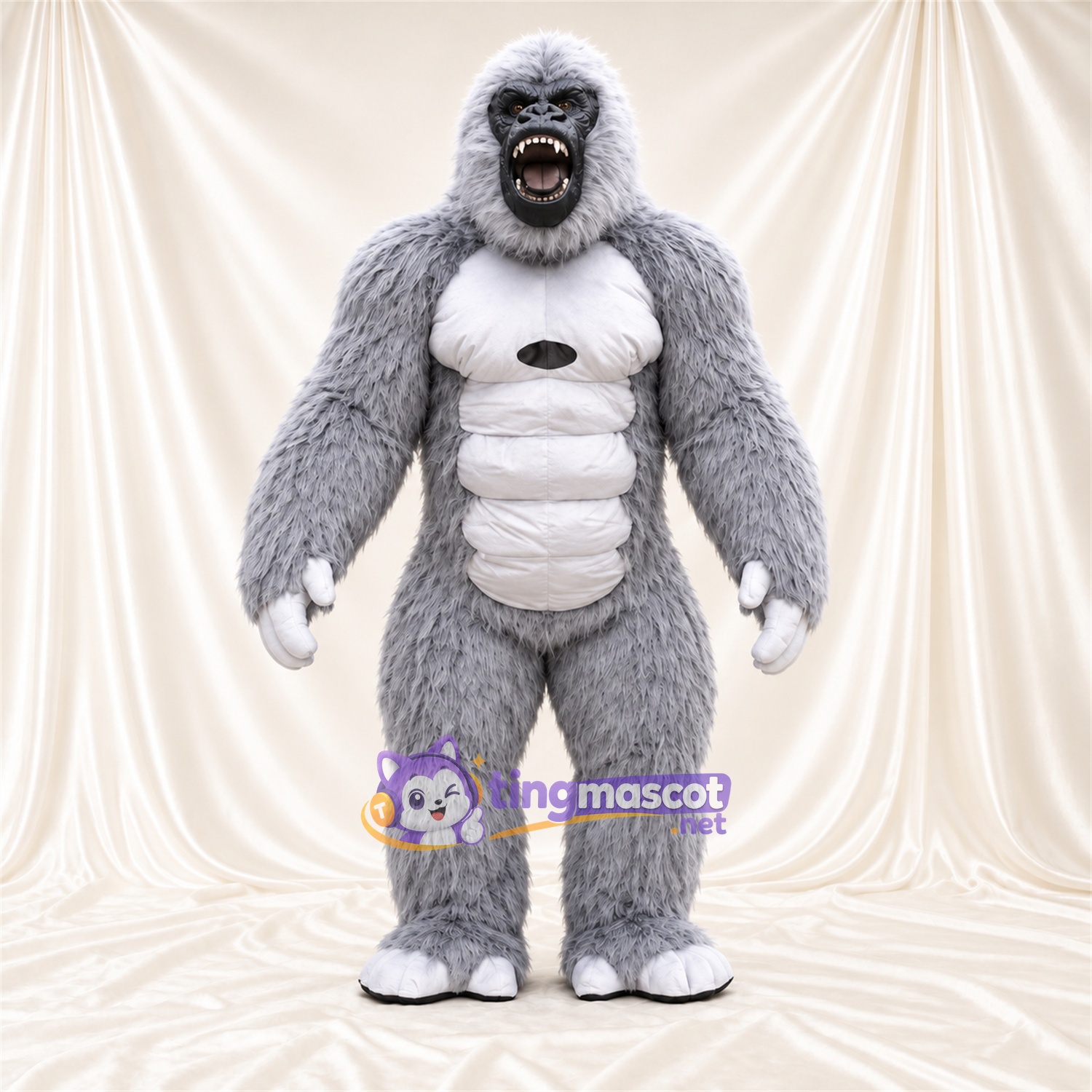 Maskottchenkostüm Gorilla – grau – Muskelbrust (weiß); Hände (weiß) Maskottchenkostüm Gorilla – grau – Muskelbrust (weiß); Hände (weiß)