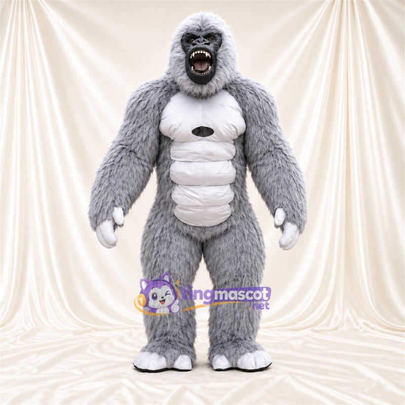 Maskottchenkostüm Gorilla – grau – Muskelbrust (weiß); Hände (weiß) Maskottchenkostüm Gorilla – grau – Muskelbrust (weiß); Hände (weiß)